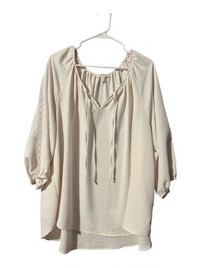 Como Blu Cream Flowy Peasant Bohemian Blouse with Crochet Detail